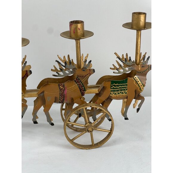 VTG Santa Sleigh Reindeer Metal Candle Holder Decor Centerpiece Mantel - Picture 8 of 11